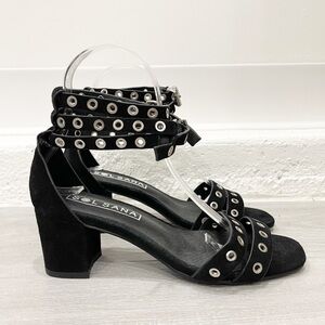 Sol Sana Sugar Heel Black Suede Grommet Sandal Three Ankle Strap Size 37 New